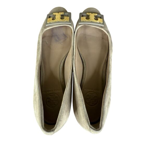 Tory Burch Gigi Suede Logo Block Heel Pumps Beige 6.5 Classic Minimalistic - Picture 5 of 10